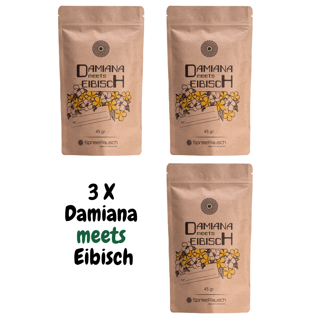 3 x DAMIANA meets EIBISCH - Mischung von SpreeRausch, Kräutermischung für Tee und mehr