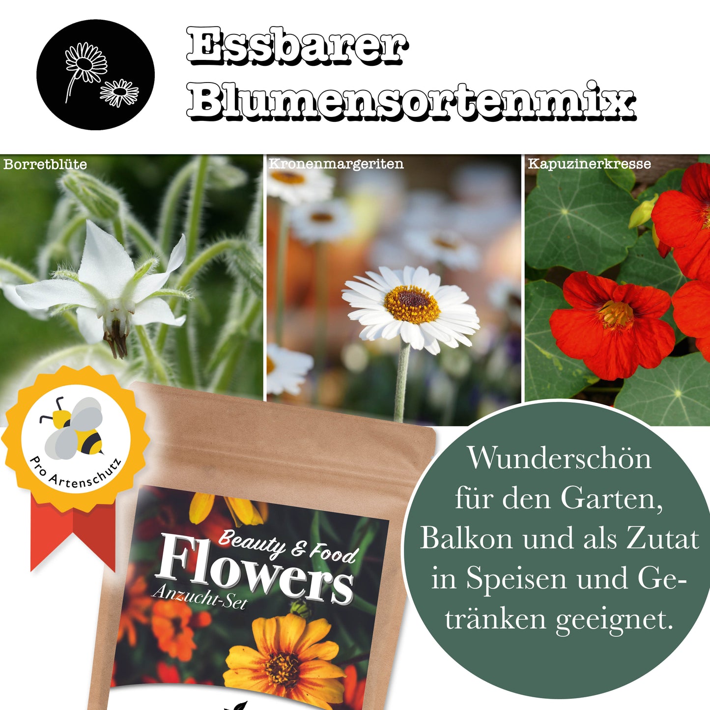 growbro 3 x Flower Power Light - Essbare Blüten Anzucht-Set, Dein Samen Mix für essbare Blumen und als Bienenwiese Saatgut # Blumensamen Geschenk