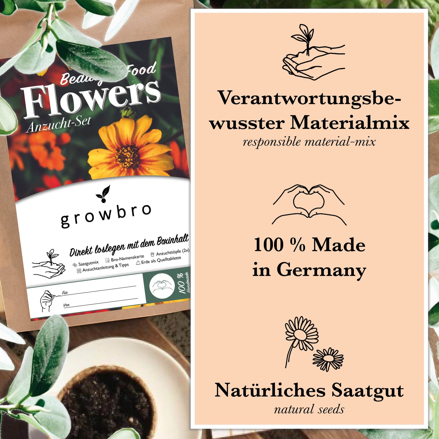 growbro 3 x Flower Power Light - Essbare Blüten Anzucht-Set, Dein Samen Mix für essbare Blumen und als Bienenwiese Saatgut # Blumensamen Geschenk