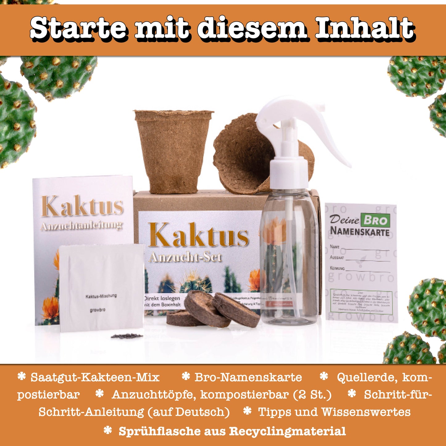 growbro Kaktus Anzuchtset - DIY Geschenkidee für Pflanzenliebhaber - Komplettes Starter Set mit Samen, Erde & Topf | Das grüne Hobby für Zuhause & Büro