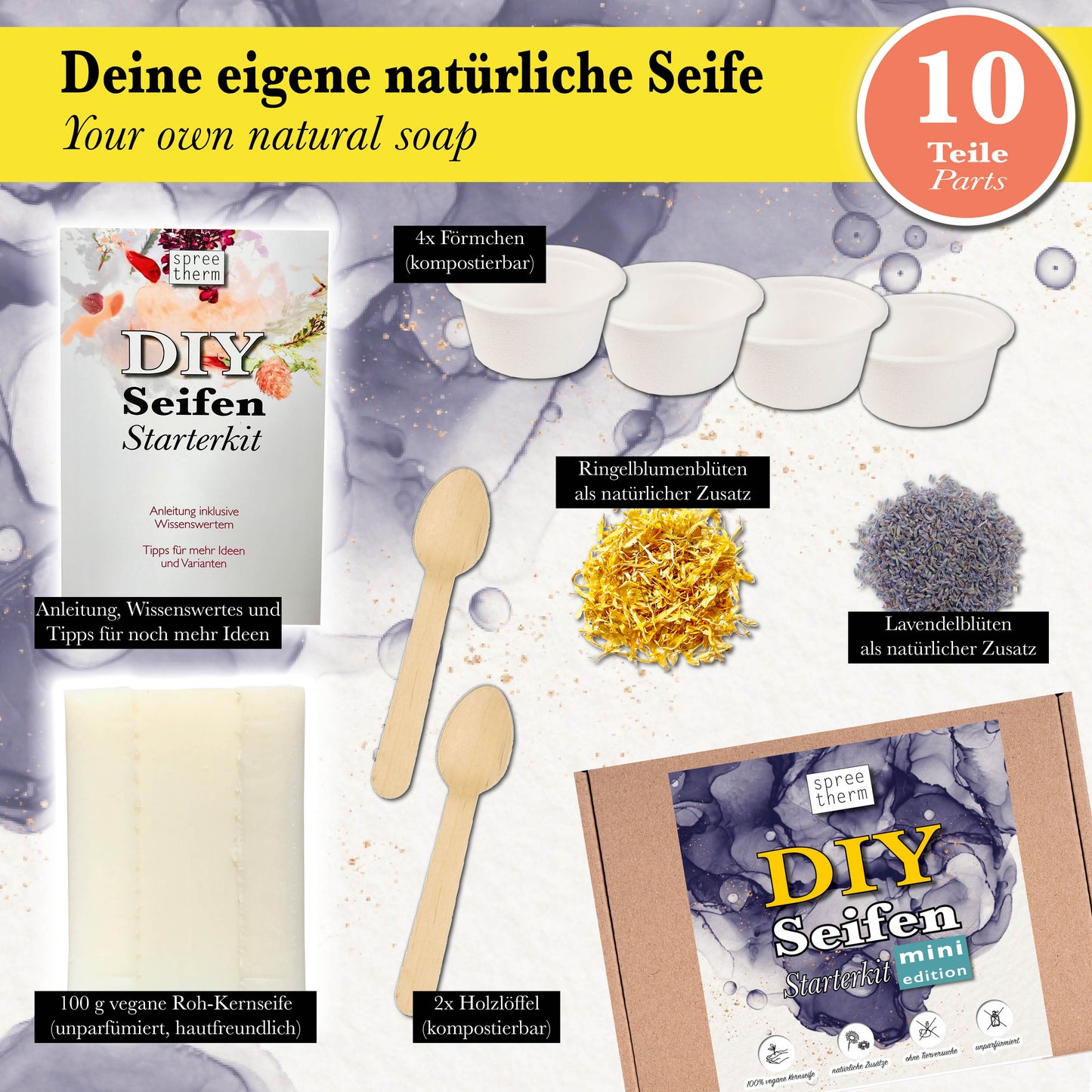 Seife selber machen, DIY Set von spreetherm inkl. 100% veganer Kernseife, uvm. - HIGHLIGHTS: Natürliche Zutaten, unparfümiert