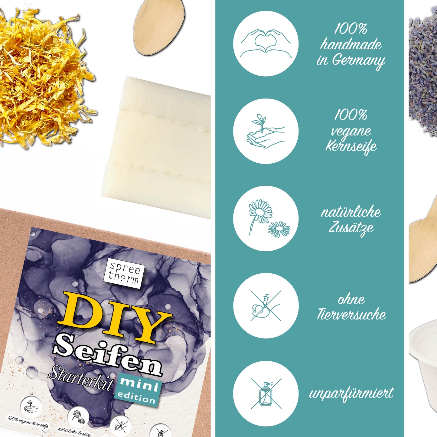 Seife selber machen, DIY Set von spreetherm inkl. 100% veganer Kernseife, uvm. - HIGHLIGHTS: Natürliche Zutaten, unparfümiert