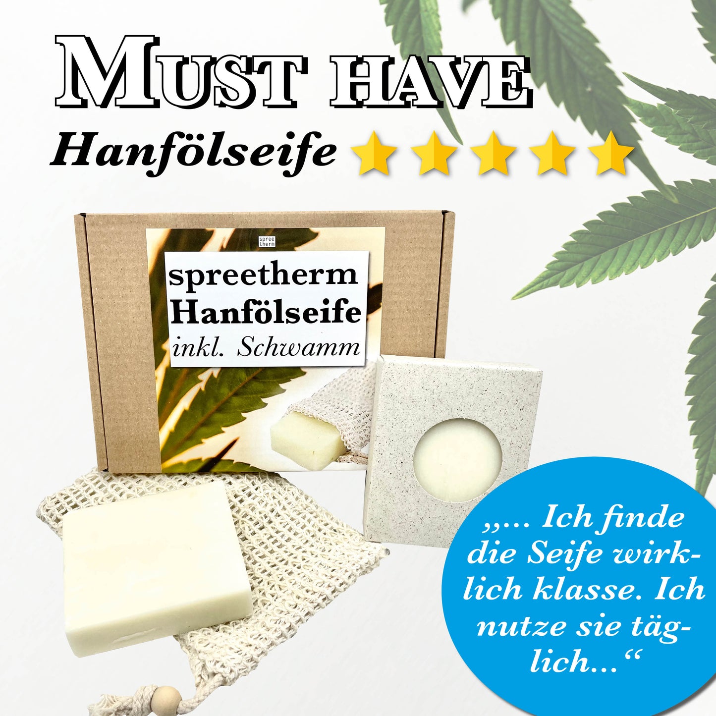 Hanfölseife von spreetherm, inkl. Schwamm als Geschenkset, ohne künstliche Zusätze, perfekt um Danke zu sagen