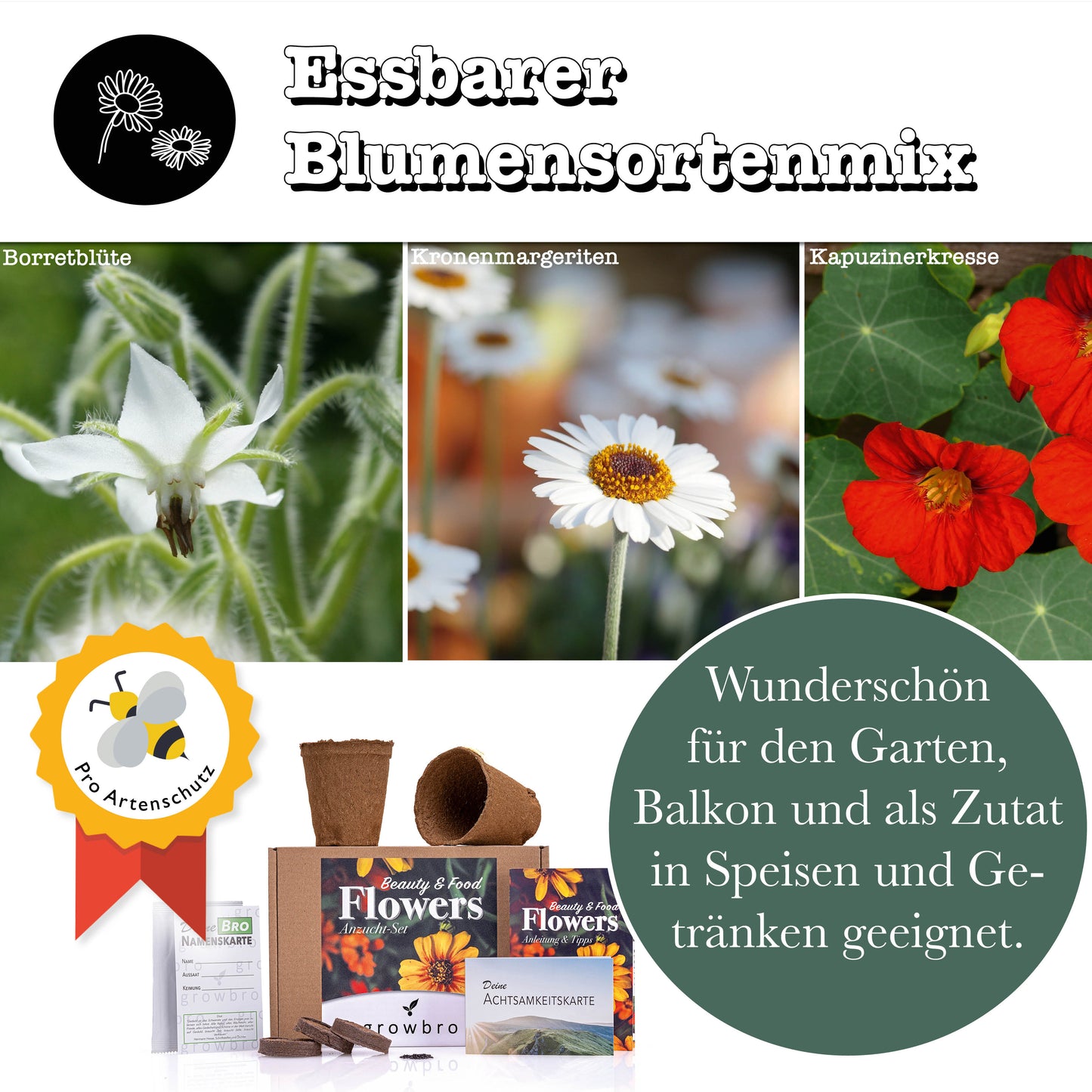 growbro - FLOWER POWER - Essbare Blüten Anzucht-Set, Dein Samen Mix für essbare Blumen und als Bienenwiese Saatgut