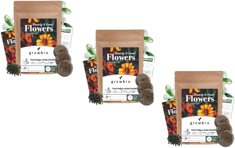 growbro 3 x Flower Power Light - Essbare Blüten Anzucht-Set, Dein Samen Mix für essbare Blumen und als Bienenwiese Saatgut # Blumensamen Geschenk