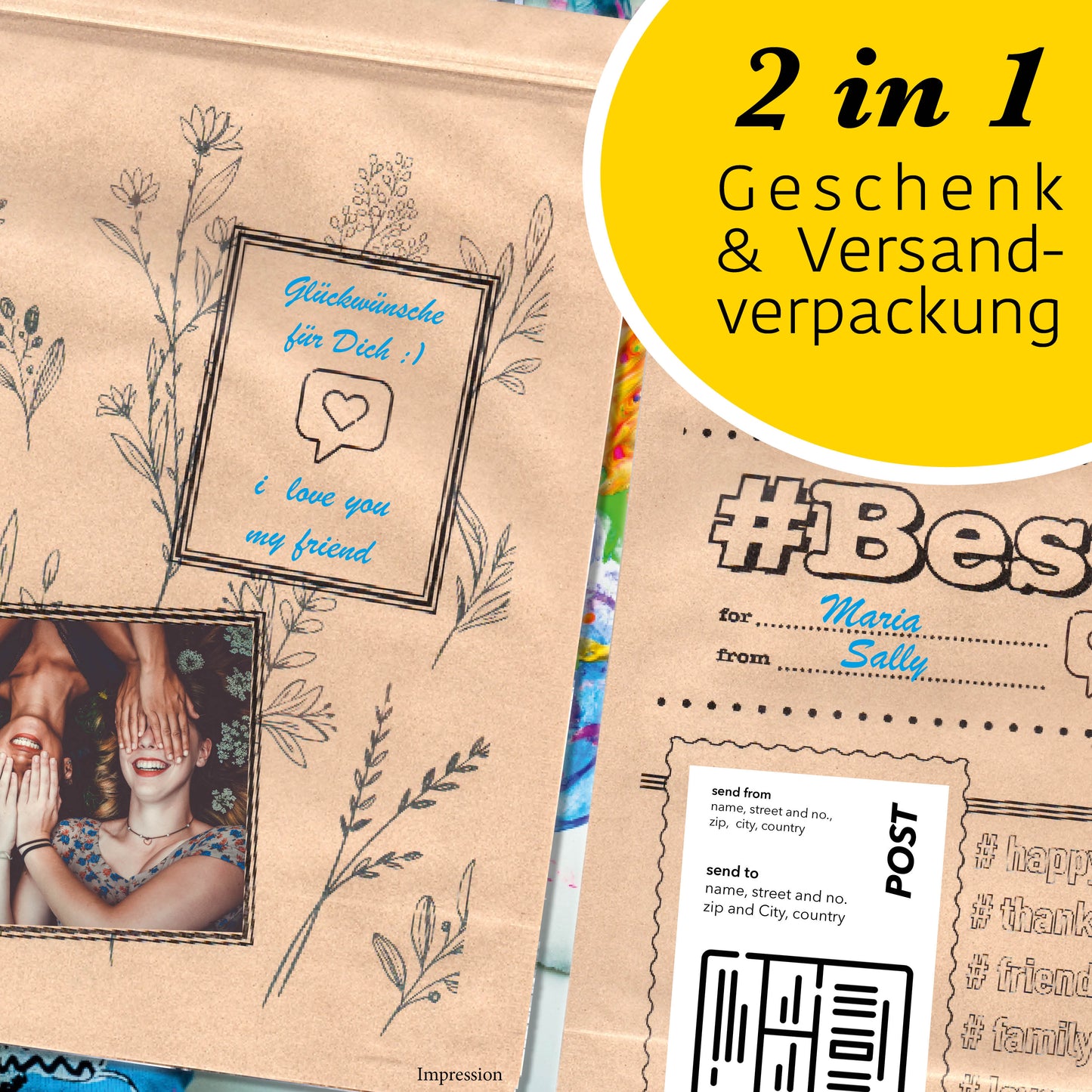 3 X Geschenktüten Papier als Geschenkverpackung od. Versandtasche - individualisierte Geschenktaschen für max. Abmessung 25 x 10 x 5 cm