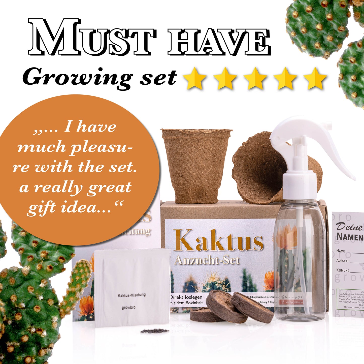 CACTUS growbro GROW KIT incl. spray bottle | birthday gift, succulents, gifts for women & men, cacti seeds, indoor plants, garden gift