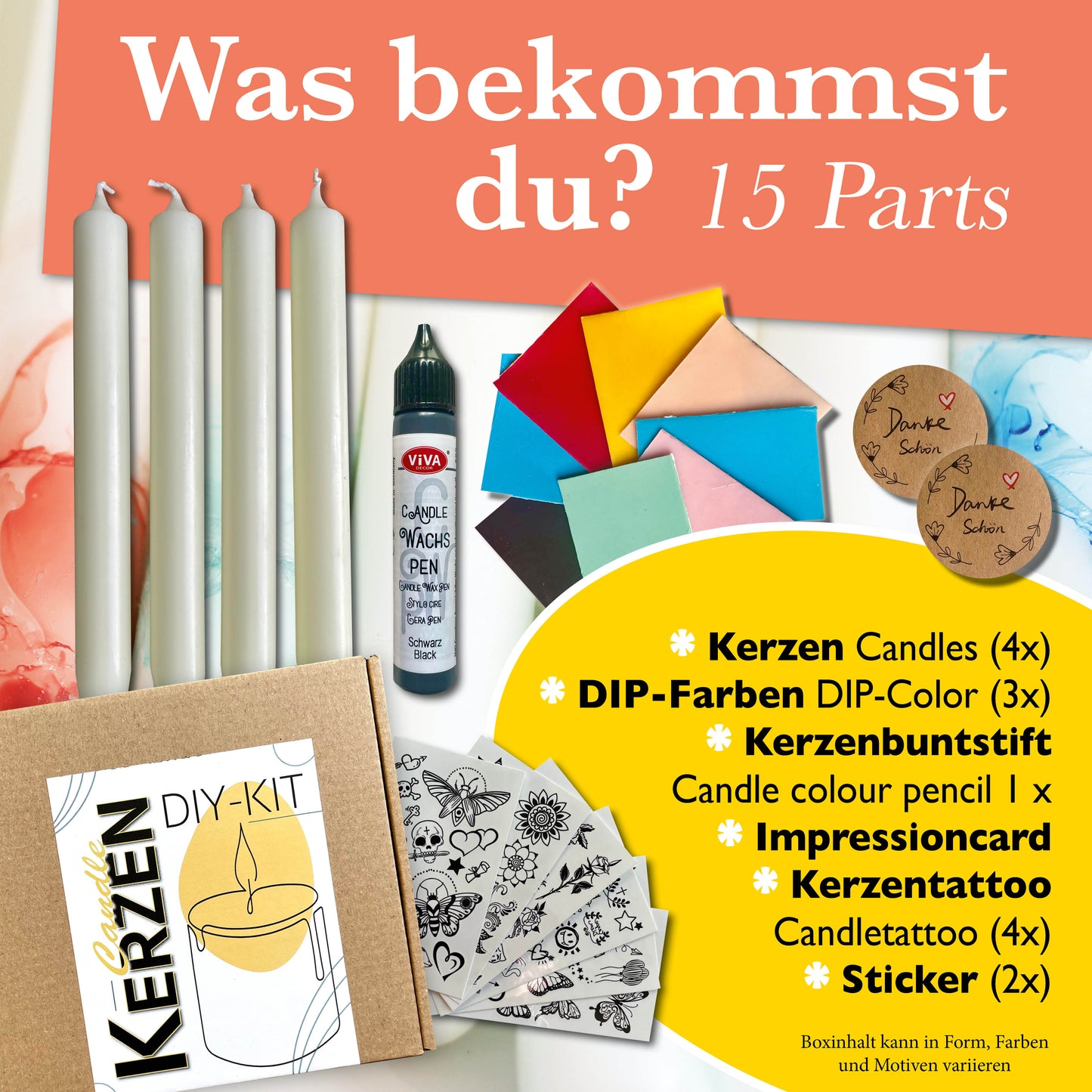 Kerzen Set von amnatu, Dip & Dye DIY Set inkl. Kerzen Tattoos, Kerzenstifte, Kerzen uvm. # kerzen selber machen # Kerzen diy Set # dip dye kerzen