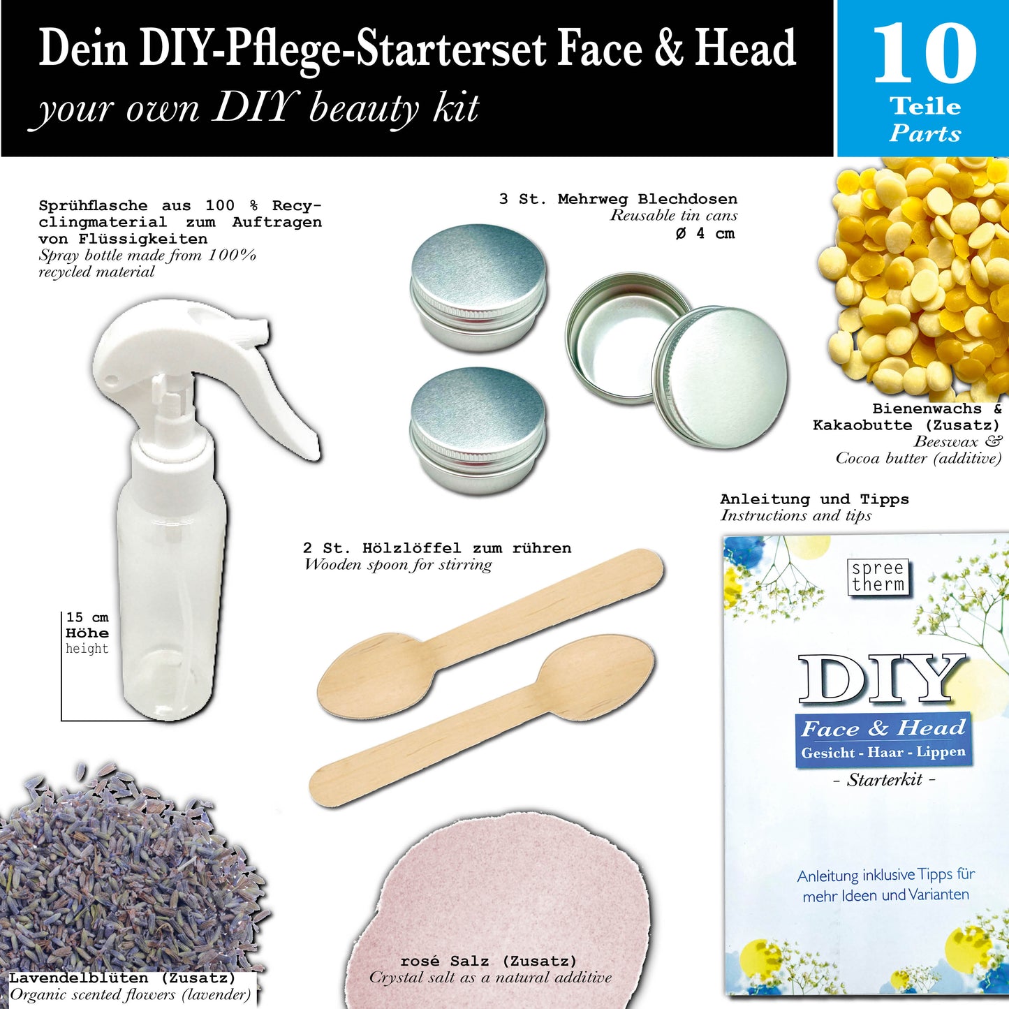 diy HAAR - GESICHT - LIPPEN Pflege Set von spreetherm inkl. Sprühflasche aus Recyclingmaterial, pflanzliche Zutaten uvm. # Pflege Geschenk