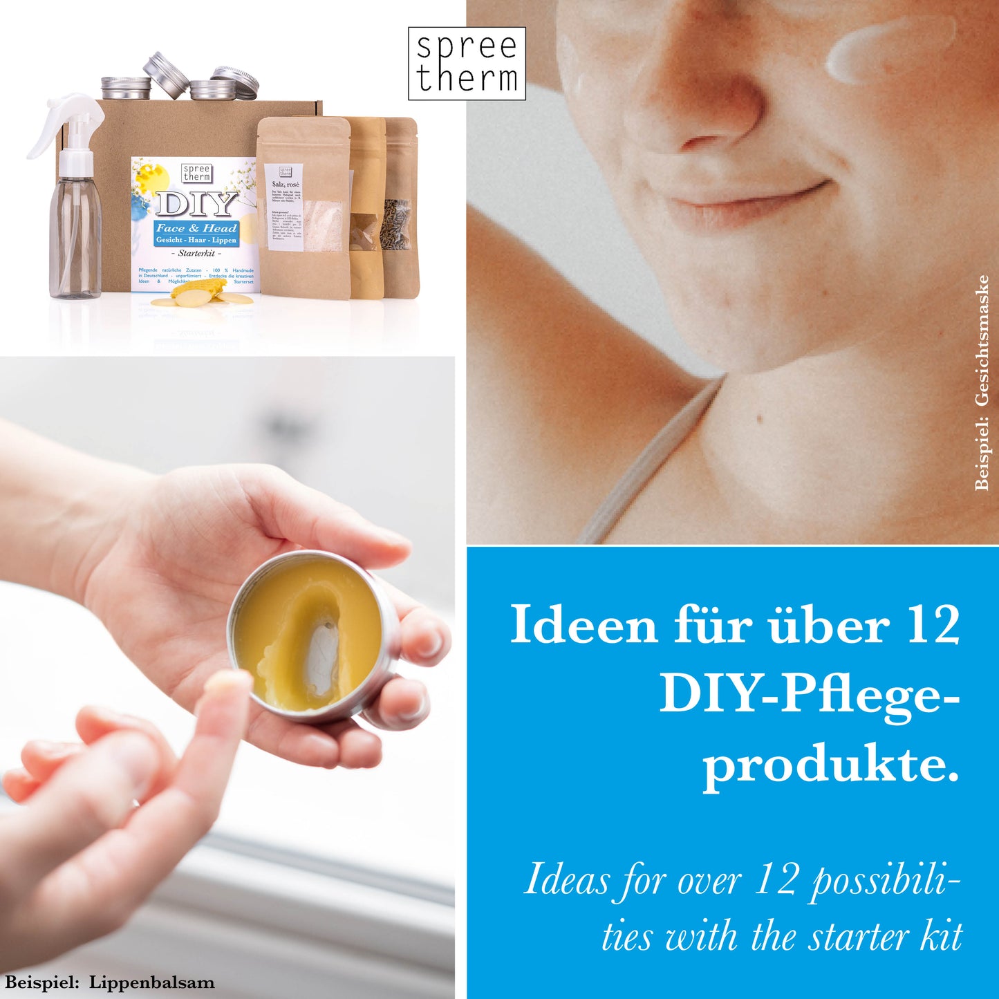 diy HAAR - GESICHT - LIPPEN Pflege Set von spreetherm inkl. Sprühflasche aus Recyclingmaterial, pflanzliche Zutaten uvm. # Pflege Geschenk