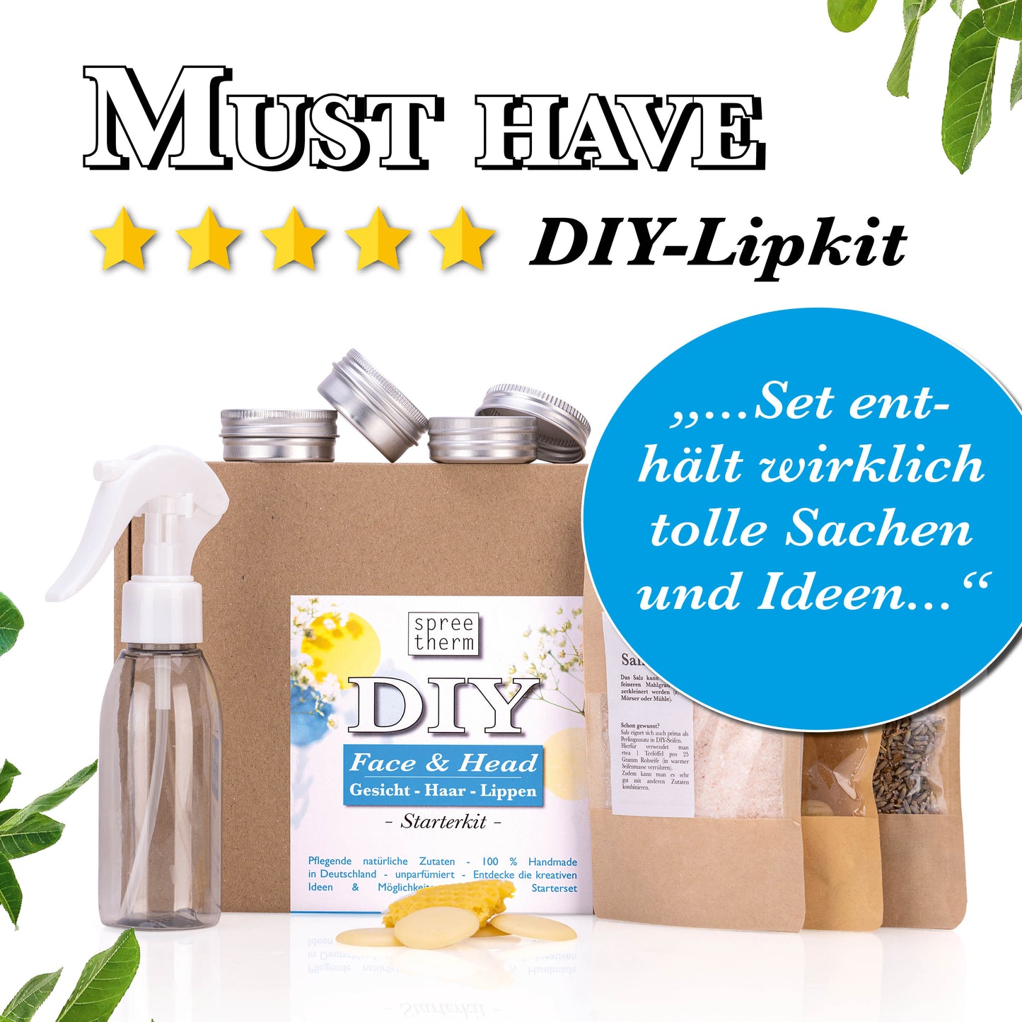 diy HAAR - GESICHT - LIPPEN Pflege Set von spreetherm inkl. Sprühflasche aus Recyclingmaterial, pflanzliche Zutaten uvm. # Pflege Geschenk