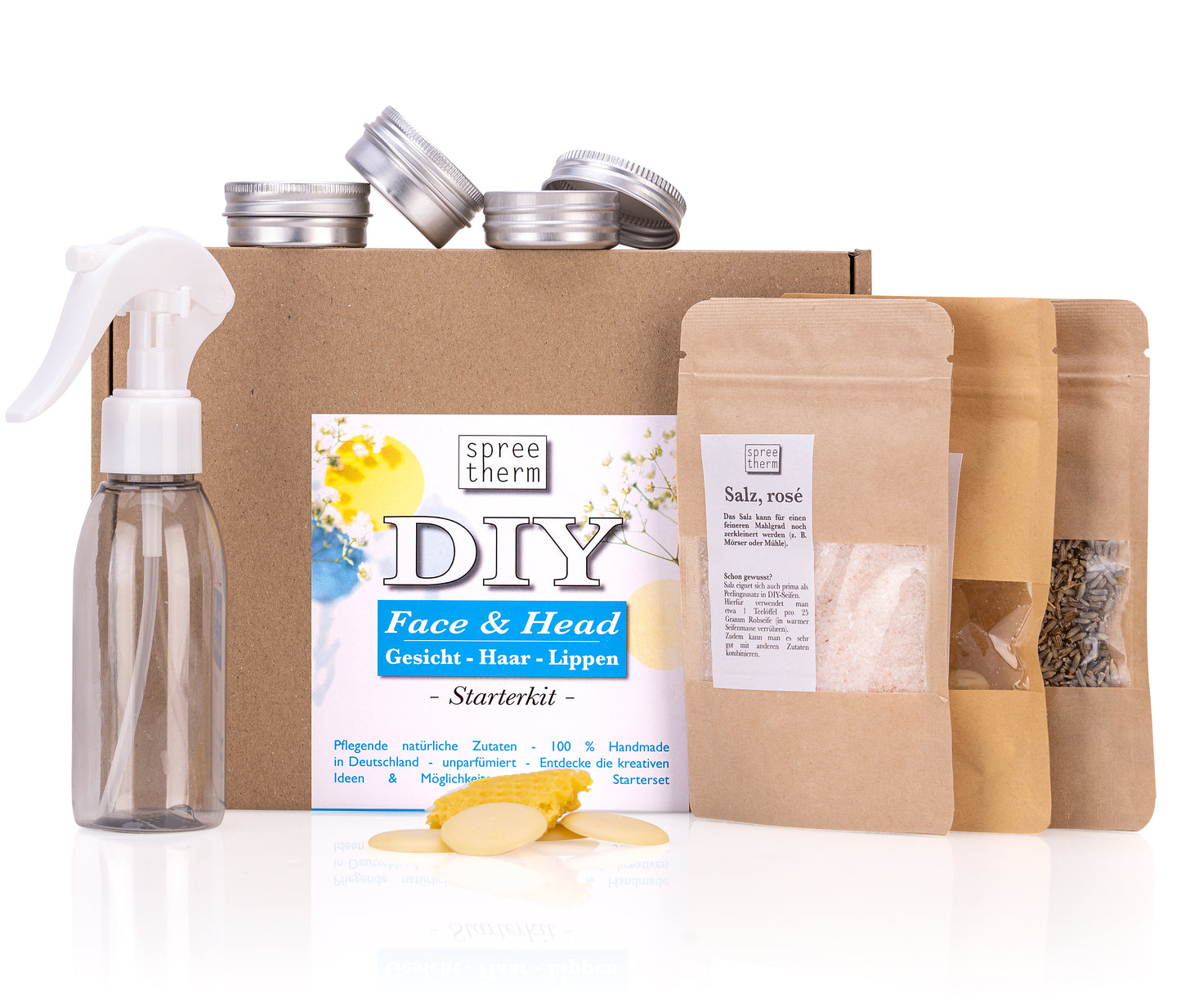 diy HAAR - GESICHT - LIPPEN Pflege Set von spreetherm inkl. Sprühflasche aus Recyclingmaterial, pflanzliche Zutaten uvm. # Pflege Geschenk